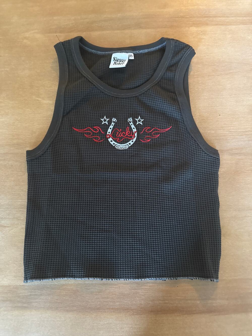 sleazy Rider LUCKY HORSESHOE EMBROIDERED WAFFLE TANK TOP Charcoal XS